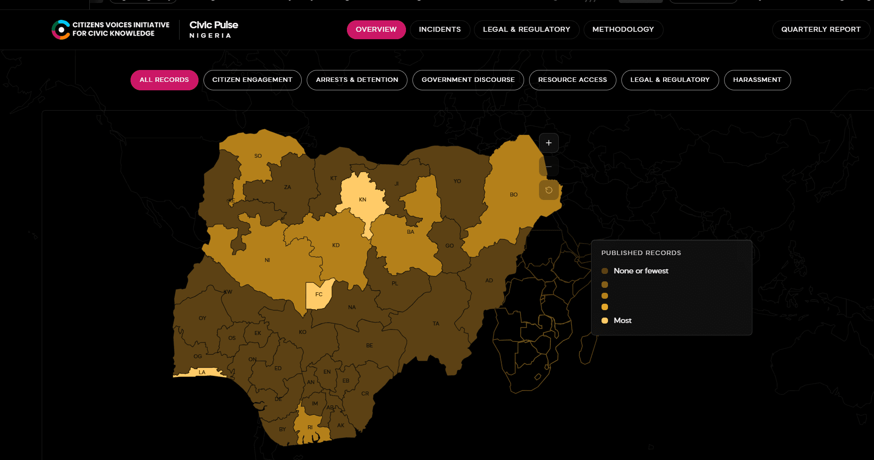 Civic Pulse Nigeria dashboard showing incident records across Nigerian states